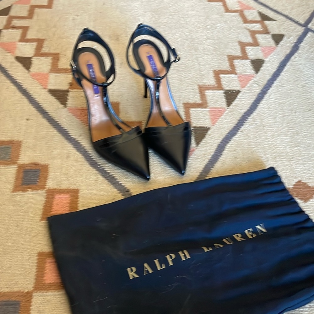 Ralph Lauren Purple label black leather pointed toe sling black t strap
